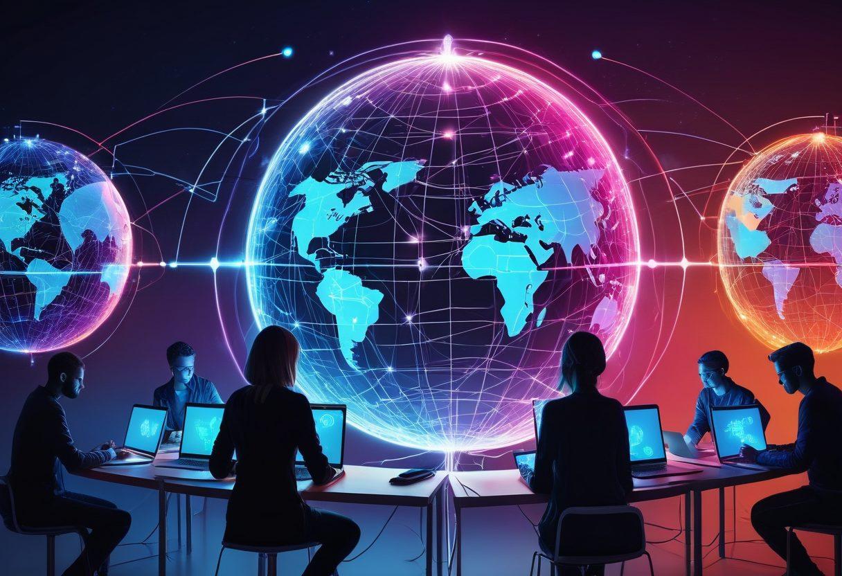 An interconnected globe filled with icons representing various online communities (forums, chat bubbles, code snippets, tech logos) connected by futuristic, glowing lines. The globe should have a digital grid overlay indicating a virtual network. People silhouettes with laptops and gadgets, interacting and connecting. Artistic futurism style. vibrant colors. 3D rendering.