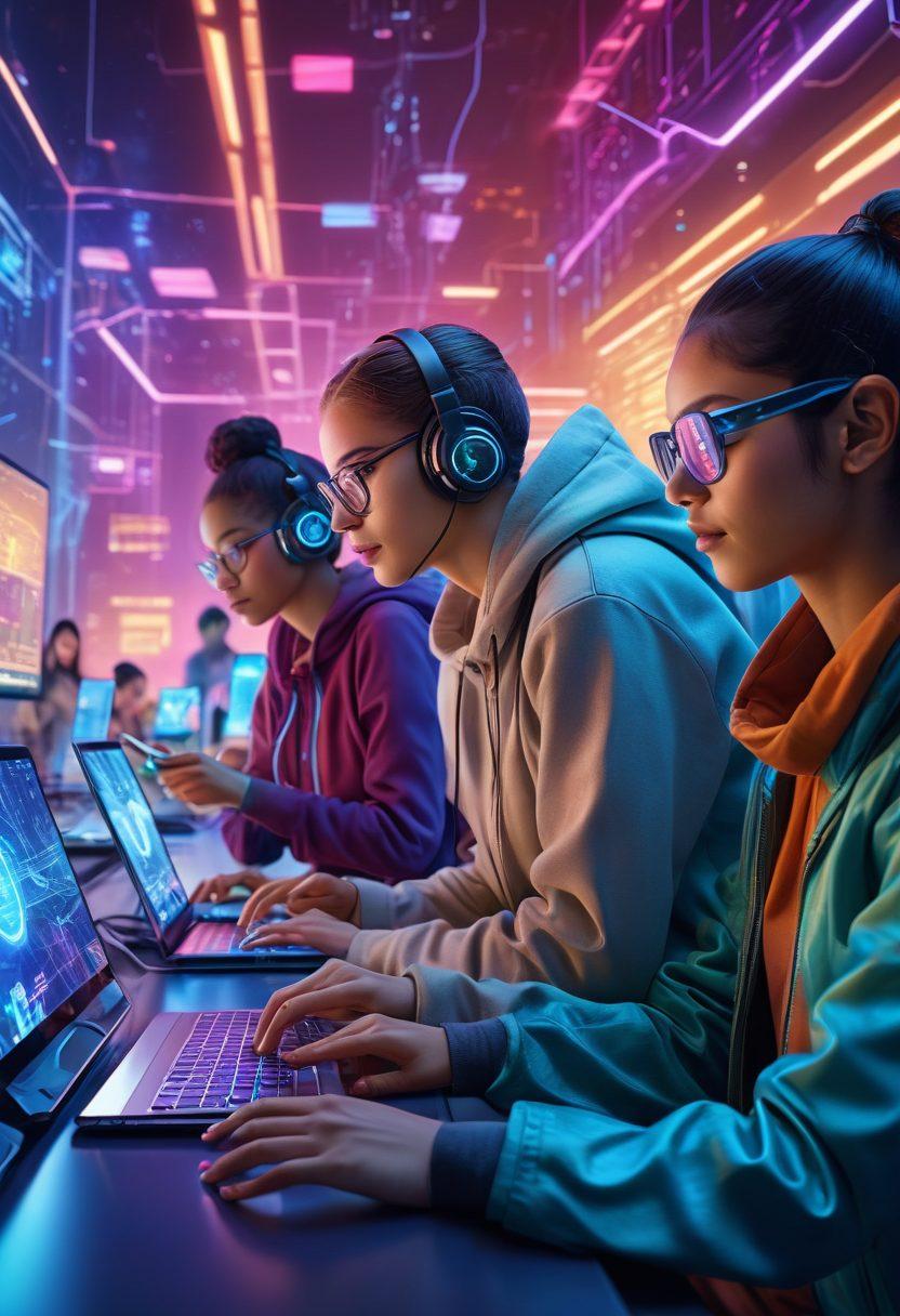 A diverse group of people engaging with various gadgets and coding on different devices, under a vibrant online space. The background depicts a high-tech, interconnected digital world with holographic interfaces and futuristic designs. Every person is immersed and enthusiastic, representing different age groups and cultures. super-realistic. vibrant colors. high-tech ambiance.