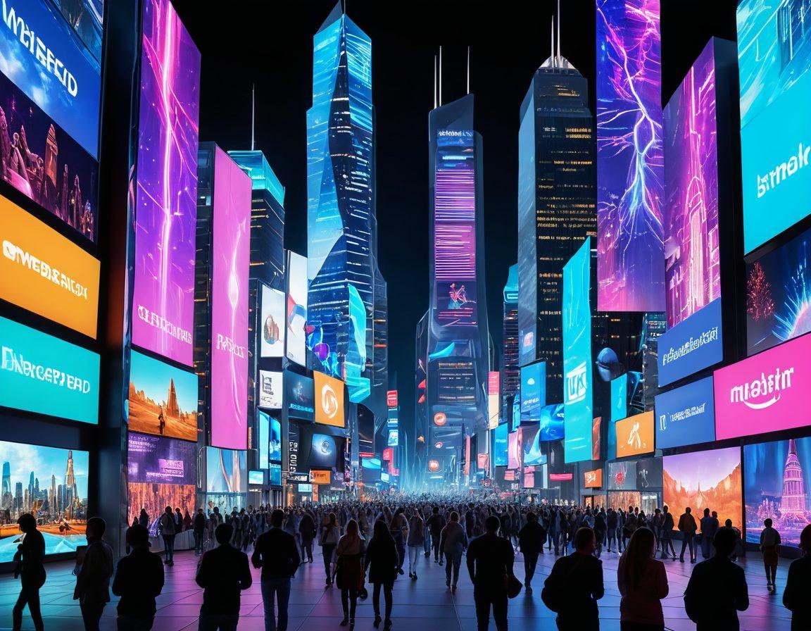 A bustling, futuristic cityscape with diverse tech enthusiasts gathered in colorful, interactive public spaces, immersed in discussions and showcasing the latest gadgets. Holographic screens floating above displaying trending topics and tips. super-realistic. vibrant colors. 3D.